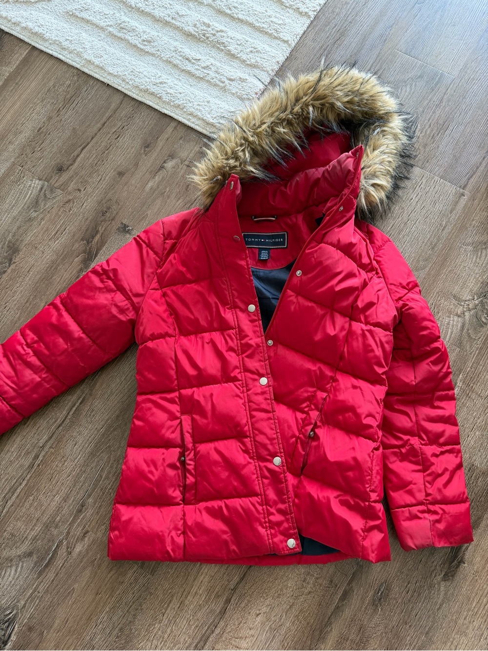 Tommy Hilfiger Red Hooded Quilted Jacket with Gold Buttons